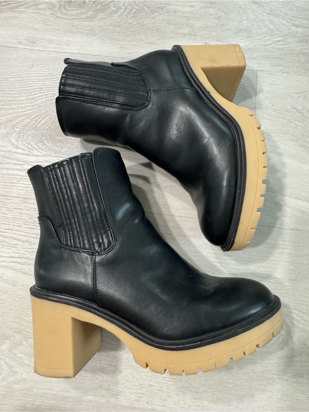 Target Black Leather Chelsea Ankle Booties with Tan Lug Heel